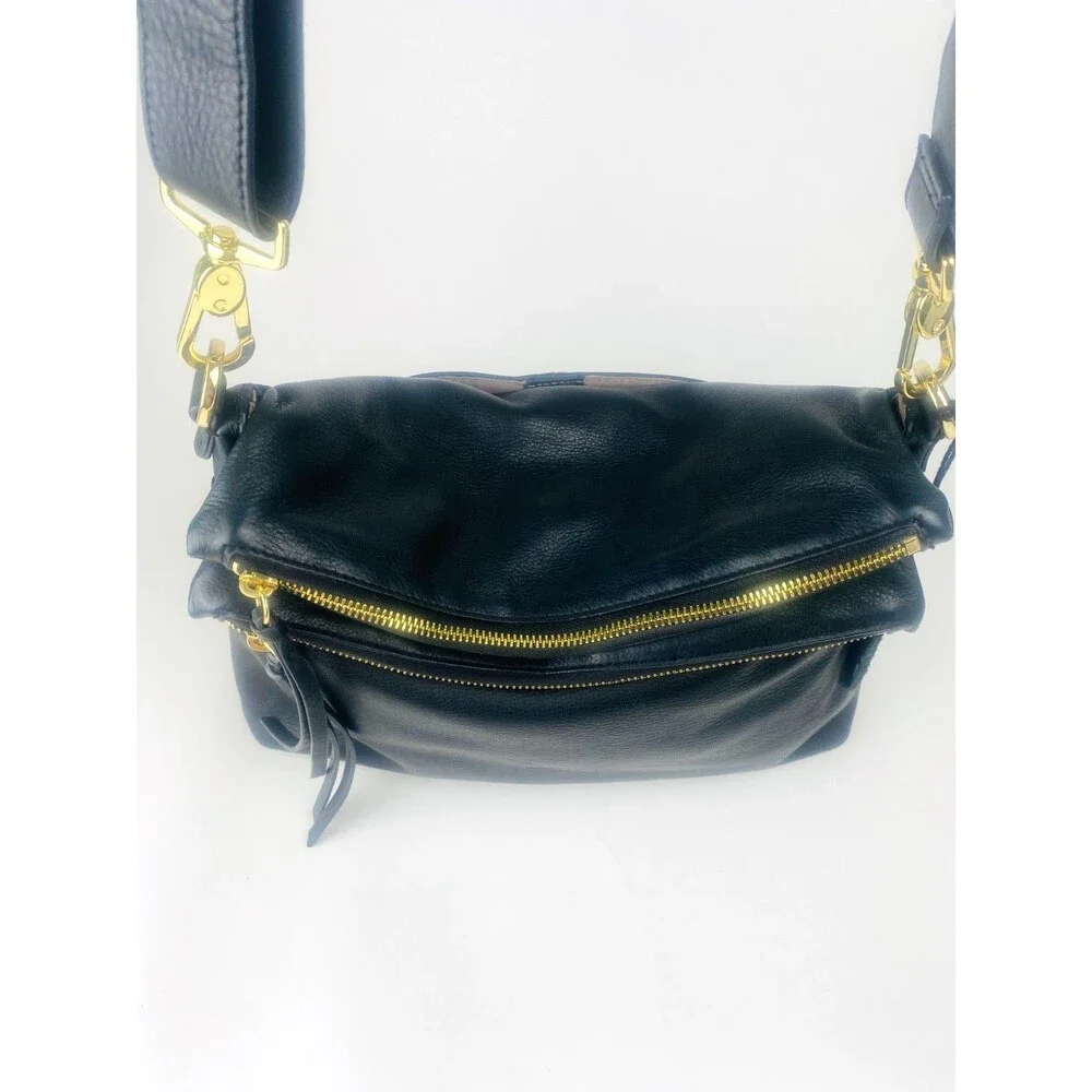 Margot Mickey Black Pebbled Leather Foldover Shoulder Bag Gold Hardware Slouchy